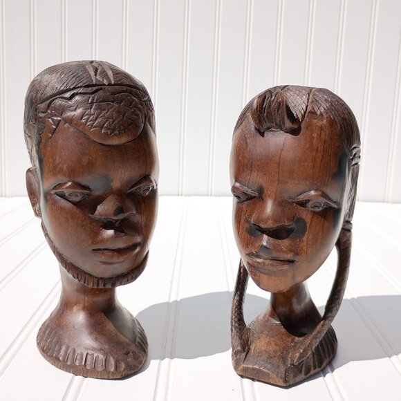 Tribal Face Sculptures Bookends Ironwood Statues Native African Hand Carved MCM - Picture 3 of 11